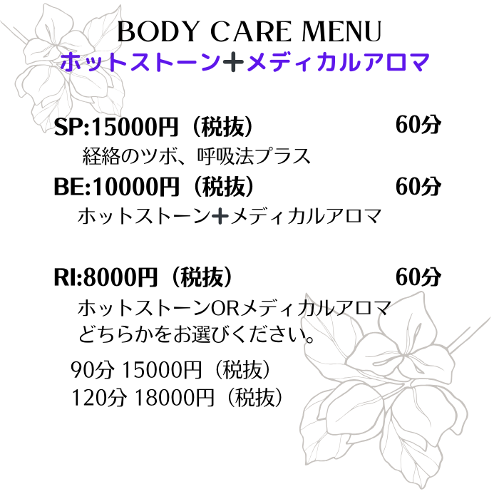60分　　ホットストーン➕メディカルアロマ
SP:15000円（税抜）　経絡のツボ、呼吸法プラス

BE:10000円（税抜）　ホットストーン➕メディカルアロマ

RI:8000円（税抜）
ホットストーンORメディカルアロマ選べる

90分　　15000円（税抜）
120分　　18000円（税抜）
