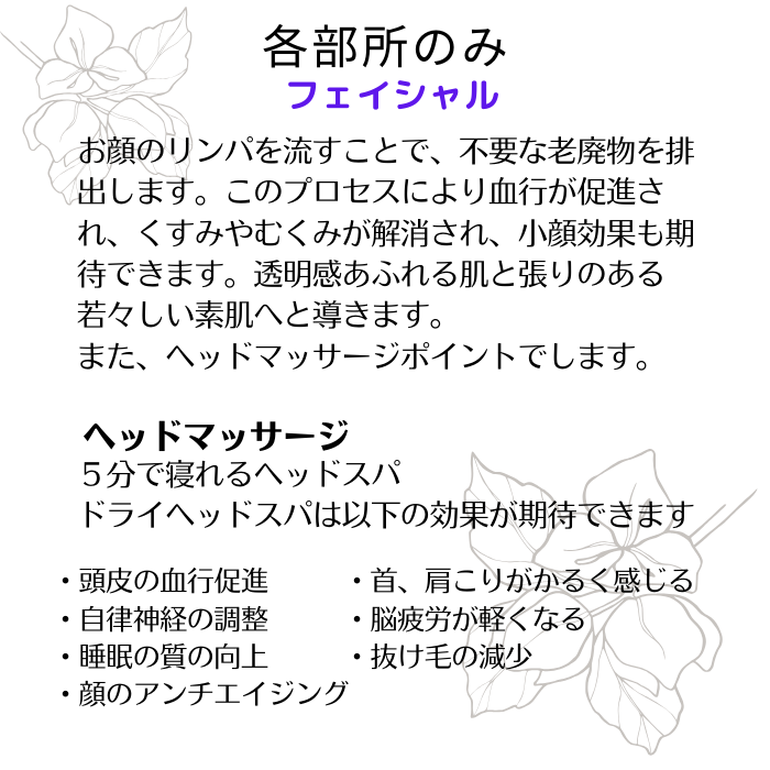 ・各部所のみ
　　　フェイシャル
　　　お顔のリンパを流すことで、不要な老廃物を排出します。このプロセスにより血行が促進され、くすみやむくみが解消され、小顔効果も期待できます。透明感あふれる肌と張りのある若々しい素肌へと導きます。
また、ヘッドマッサージポイントでします。

ヘッドマッサージ
　　５分で寝れるヘッドスパ
　　ドライヘッドスパは以下の効果が期待できます

・頭皮の血行促進

・自律神経の調整

・睡眠の質の向上

・顔のアンチエイジング

・首、肩こりがかるく感じる

・脳疲労が軽くなる

・抜け毛の減少　